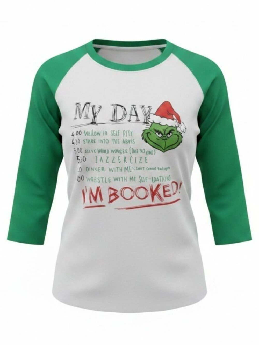 Grinch My Day I'm Booked Christmas Raglan Tee Small Green Holiday Graphic Shirt